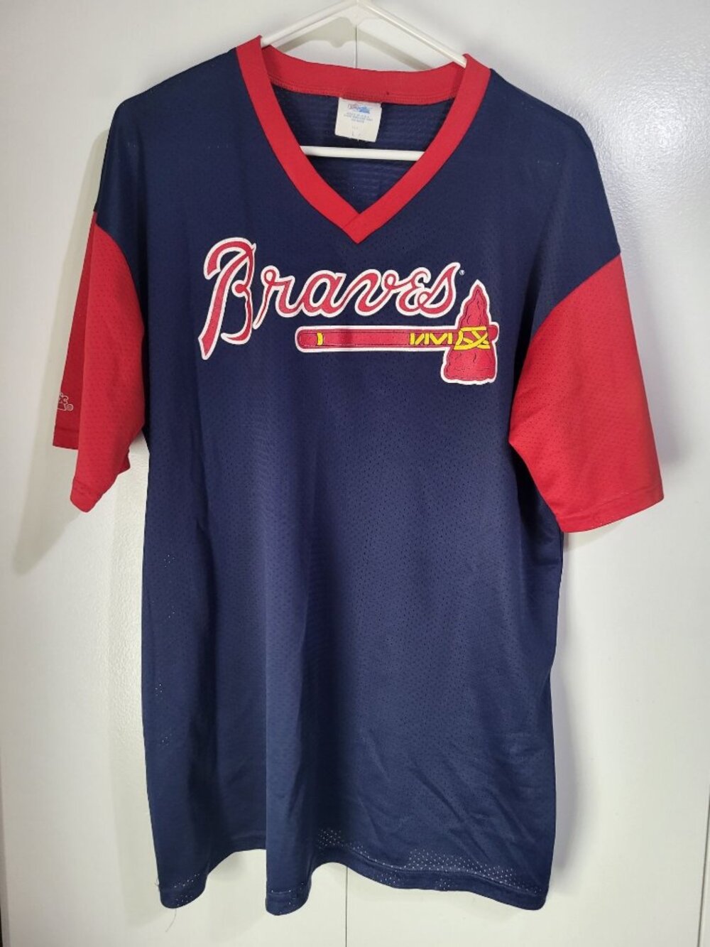 MLB ATLANTA BRAVES MAJESTIC BASEBALL SHIRT V Neck Men's SZ LG Made in USA - Picture 2 of 8